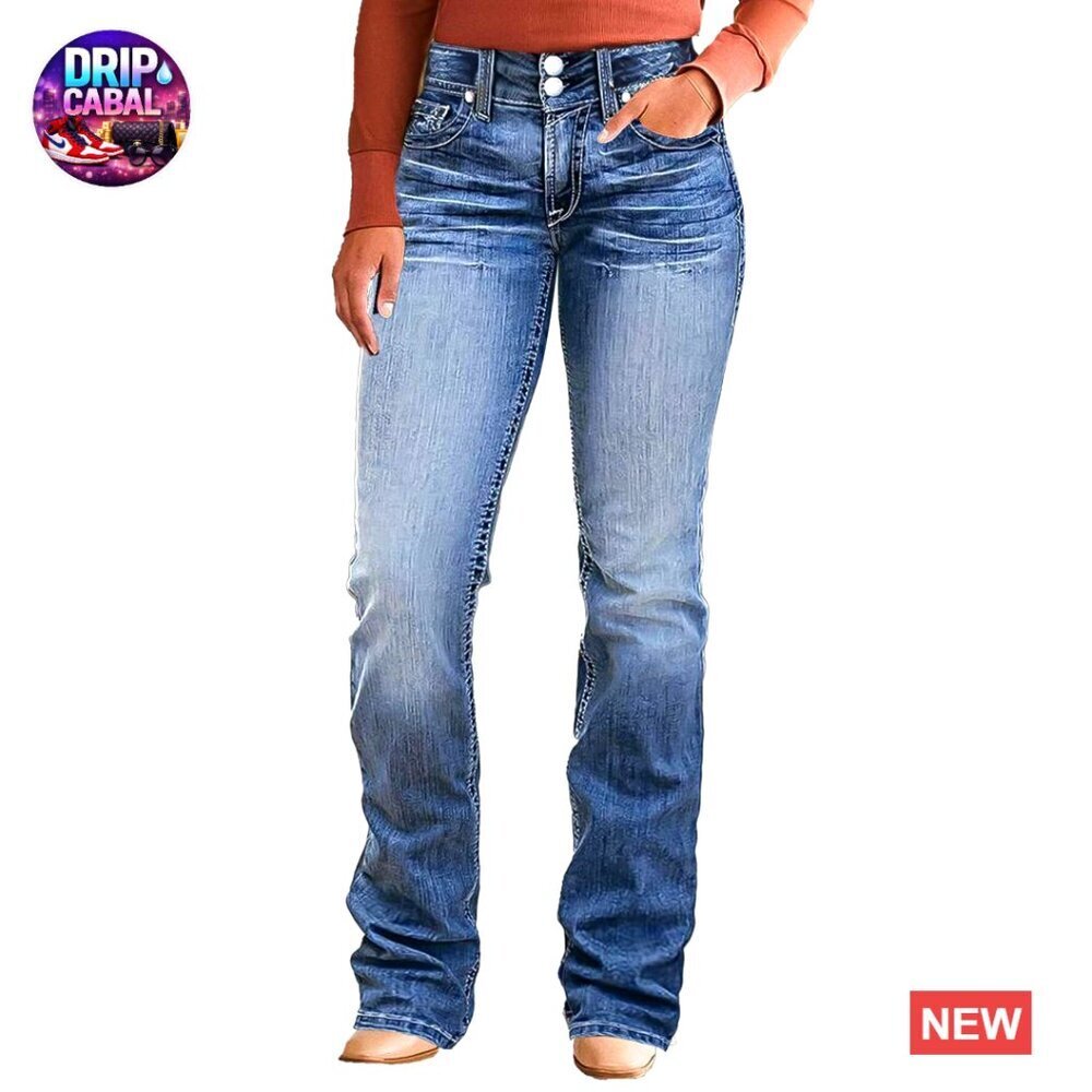 Mid Waist Boot Cut Jeans Tummy Control Flare Denim Pants Classic Retro